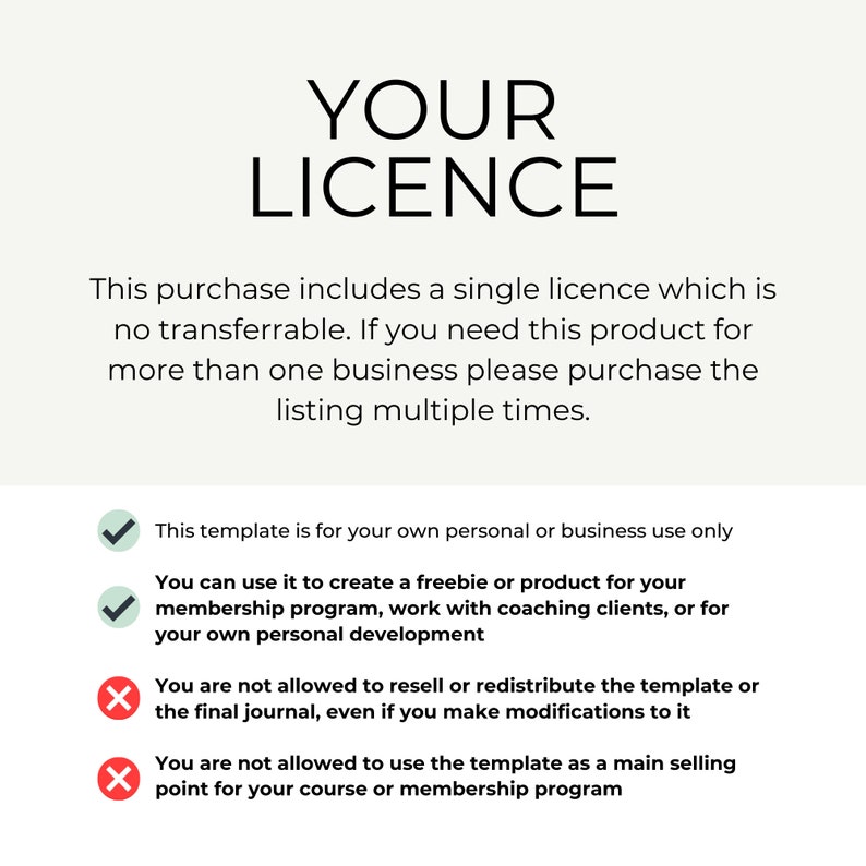 May include: A white background with black text outlining the terms of use for a digital product. The text reads "YOUR LICENCE" and includes a list of permitted and prohibited uses for the product.