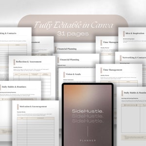 May include: A digital planner with the text "Side Hustle. Side Hustle. Side Hustle." in a light brown color on a white background. The planner is designed to help you manage your time, finances, and goals. It includes sections for daily habits, reflection, vision and goals, financial planning, time management, networking, and idea inspiration.
