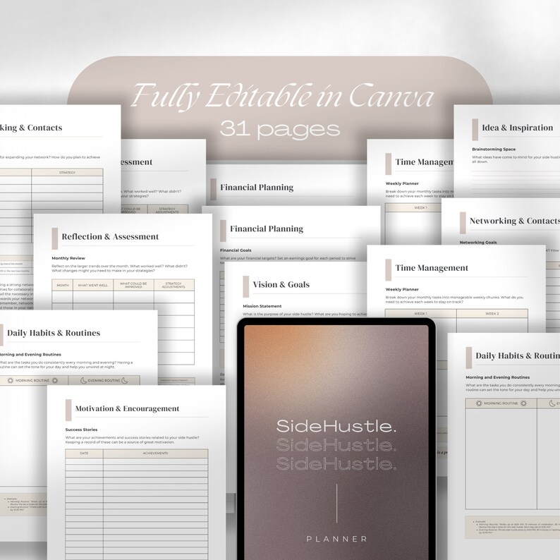 May include: A digital planner with the text "Side Hustle. Side Hustle. Side Hustle." in a light brown color on a white background. The planner is designed to help you manage your time, finances, and goals. It includes sections for daily habits, reflection, vision and goals, financial planning, time management, networking, and idea inspiration.