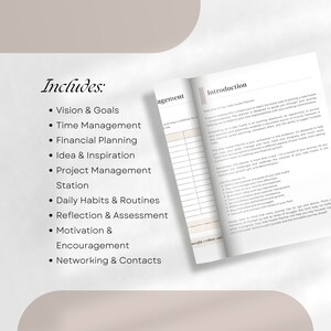 May include: A page from a side hustle planner with the title "Includes" and a list of items such as "Vision & Goals", "Time Management", "Financial Planning", "Idea & Inspiration", "Project Management Station", "Daily Habits & Routines", "Reflection & Assessment", "Motivation & Encouragement", and "Networking & Contacts". The next page is titled "Introduction" and includes text about the planner and how to use it.