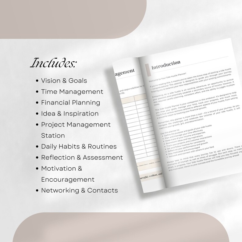 May include: A page from a side hustle planner with the title "Includes" and a list of items such as "Vision & Goals", "Time Management", "Financial Planning", "Idea & Inspiration", "Project Management Station", "Daily Habits & Routines", "Reflection & Assessment", "Motivation & Encouragement", and "Networking & Contacts". The next page is titled "Introduction" and includes text about the planner and how to use it.