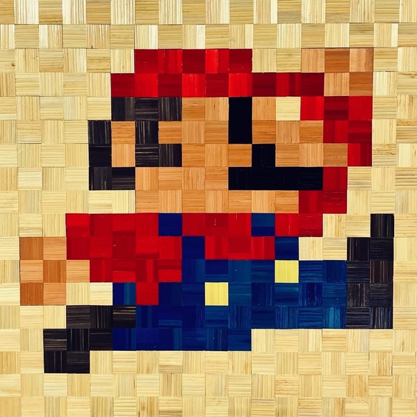 Tableau marqueterie de paille PIXELART Mario bros 40x36cm