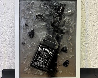 Jack Daniel's Broken Bottle Art, Handmade Epoxy Resin Framed Decor