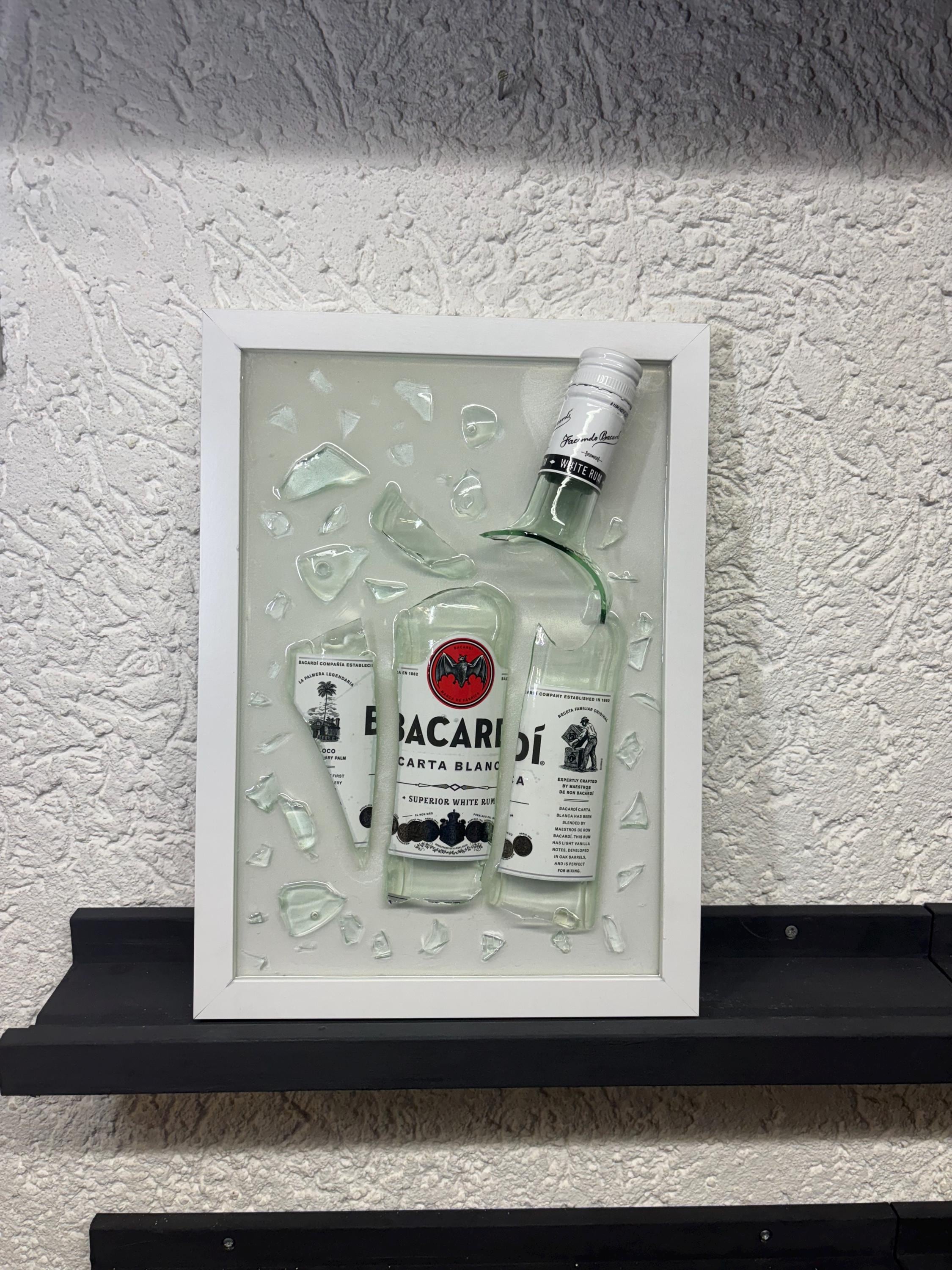絵画 bottle Bacardi Broken Bottle Art, Epoxy Resin Framed Decor (21x30 Cm) - Etsy