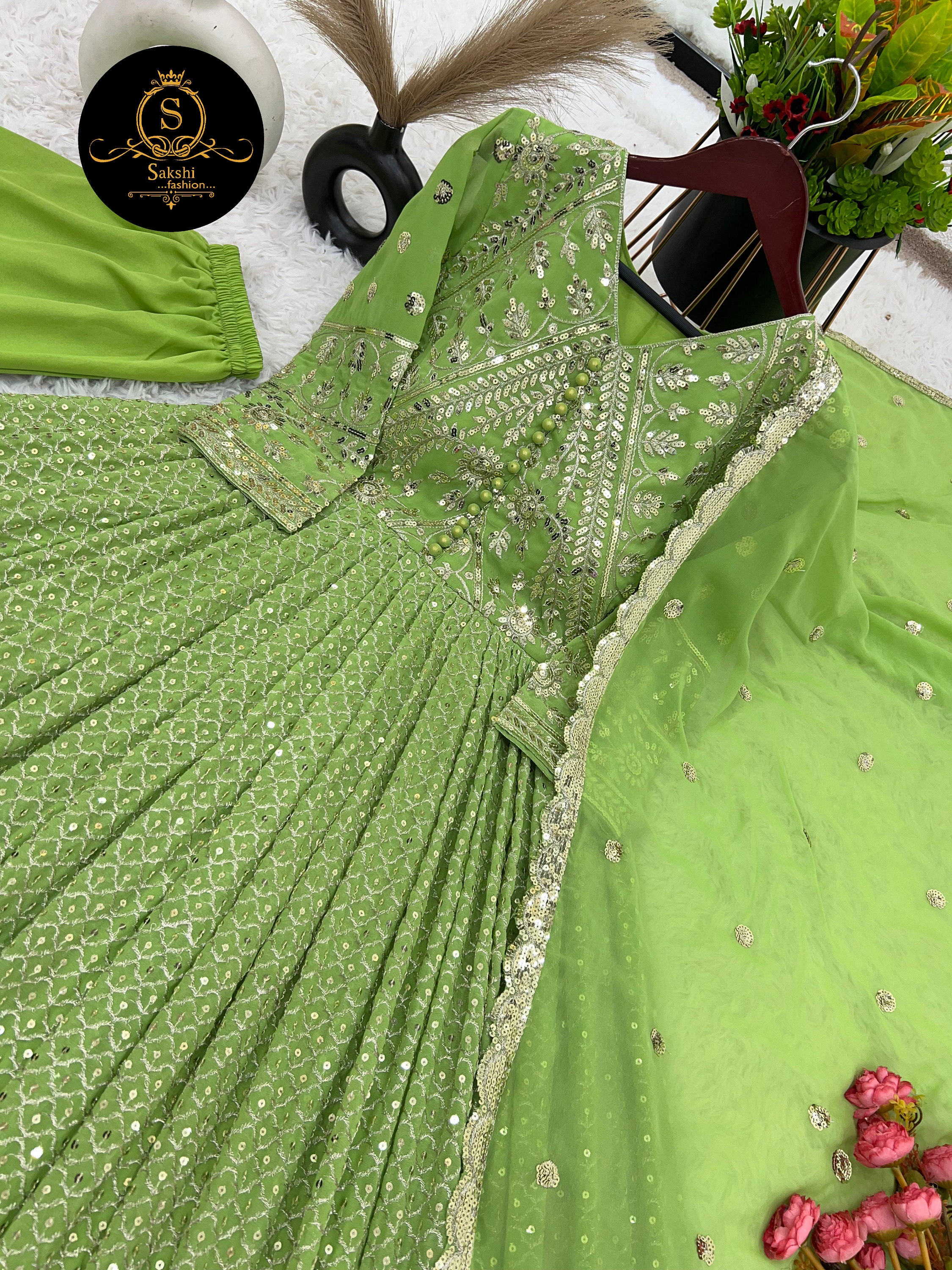 Heavy Chinon Silk With Lace Work with Sleeve Gown main image 1