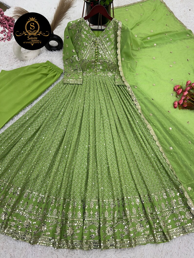Pure Heavy Chinnon Silk With Full Heavy Embroidery Sequence Work With Real Mirror Hand Work WithFull Sleeve Gown