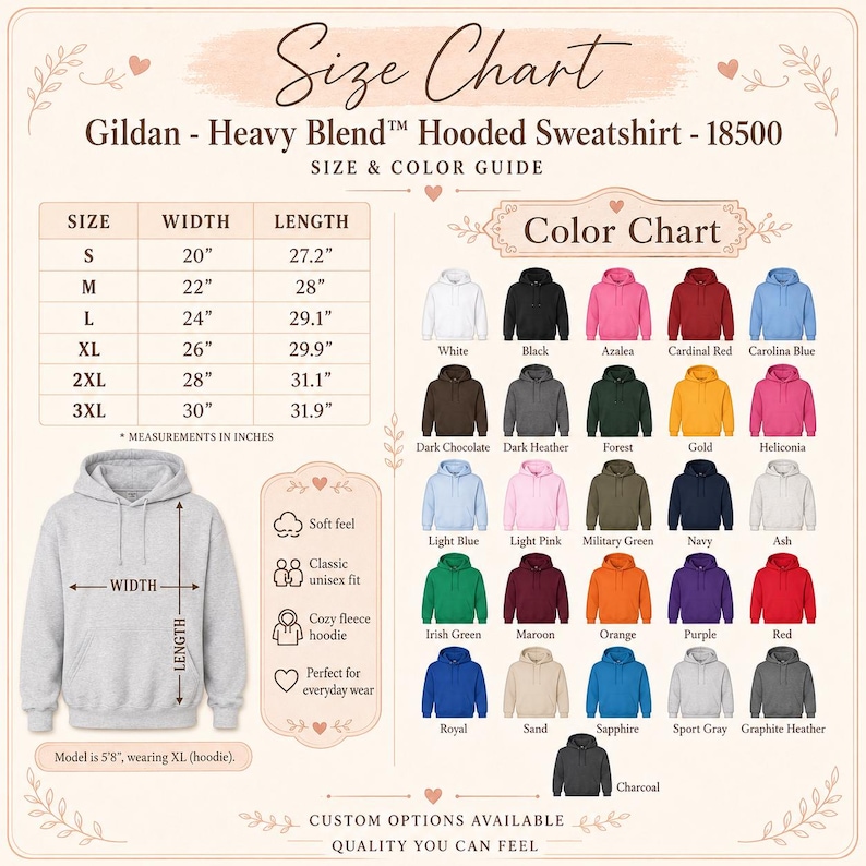 Gildan 18500 hoodie size chart with available hoodie colors and unisex measurement guide