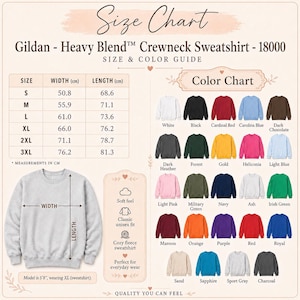 Gildan 18000 crewneck sweatshirt size chart with available sweatshirt colors and fit information