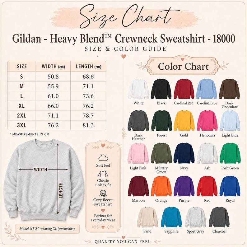 Gildan 18000 crewneck sweatshirt size chart with available sweatshirt colors and fit information