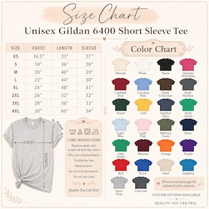 Gildan 64000 Tshirt size chart with available hoodie colors and unisex measurement guide