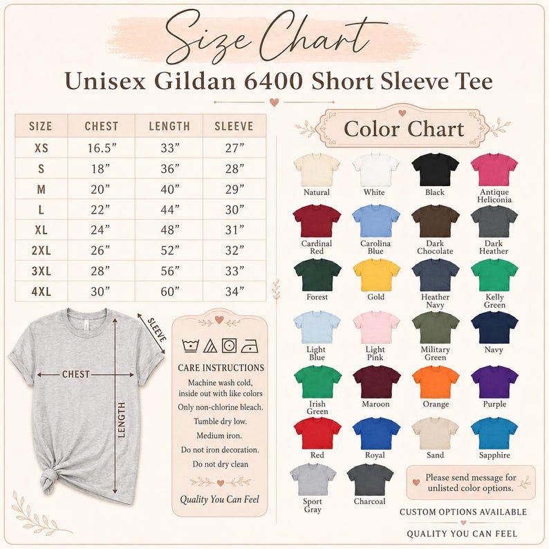 Gildan 64000 Tshirt size chart with available hoodie colors and unisex measurement guide
