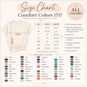Comfort Colors size and color chart for unisex t-shirt listing.