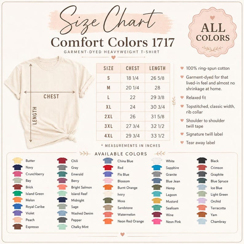 Comfort Colors size and color chart for unisex t-shirt listing.