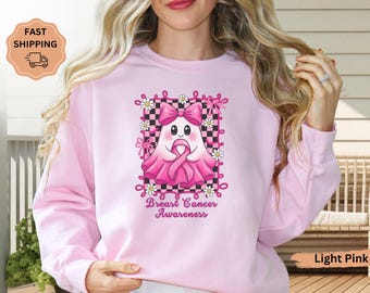 Breast Cancer Awareness Sweatshirt, Pink Ribbon Pullover, Strong Women Shirt, Cancer Fighter Gift, In October We Wear Pink, Pink Ghost Tee