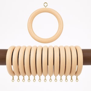 Handcrafted Natural Rose Wood Curtain Rings with Hooks - Wooden Curtain Rod Rings Set - Vintage Wooden Rings Beechwood