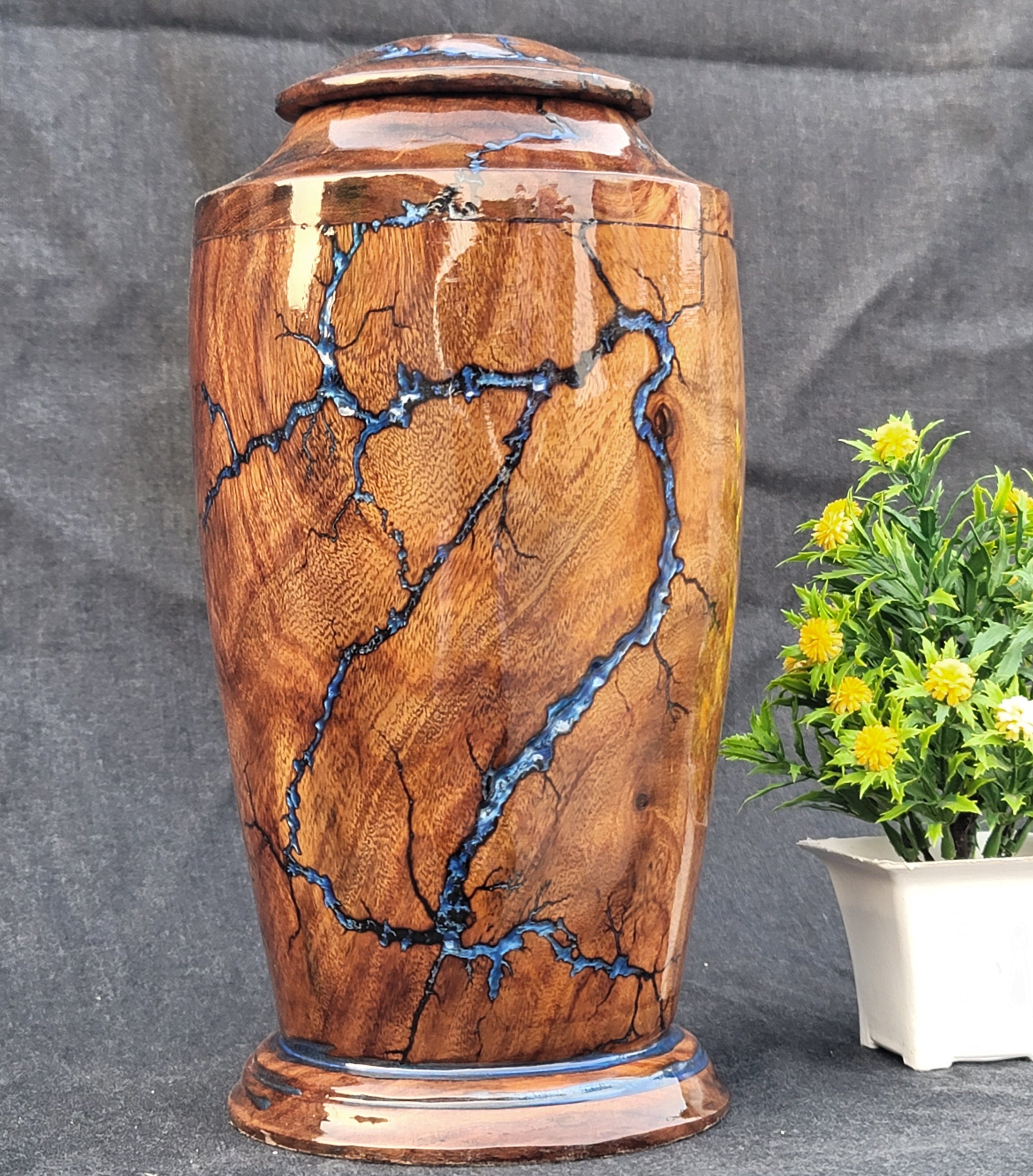 Blue Resin Rosewood Cremation Urn: Large Wooden Funeral Urn