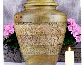 Handcrafted Mangowood Cremation Urn: Carved Wooden Funeral Urn