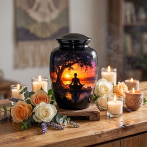 May include: Black cremation urn with a sunset scene featuring a meditating figure under a tree. The urn is surrounded by lit candles and roses on a wooden table. The scene evokes peace and tranquility.