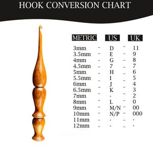 May include: A wooden crochet hook with a rounded handle and a hook at the top. The image includes a hook conversion chart, showing metric, US, and UK hook sizes. The chart lists sizes from 3mm to 12mm.