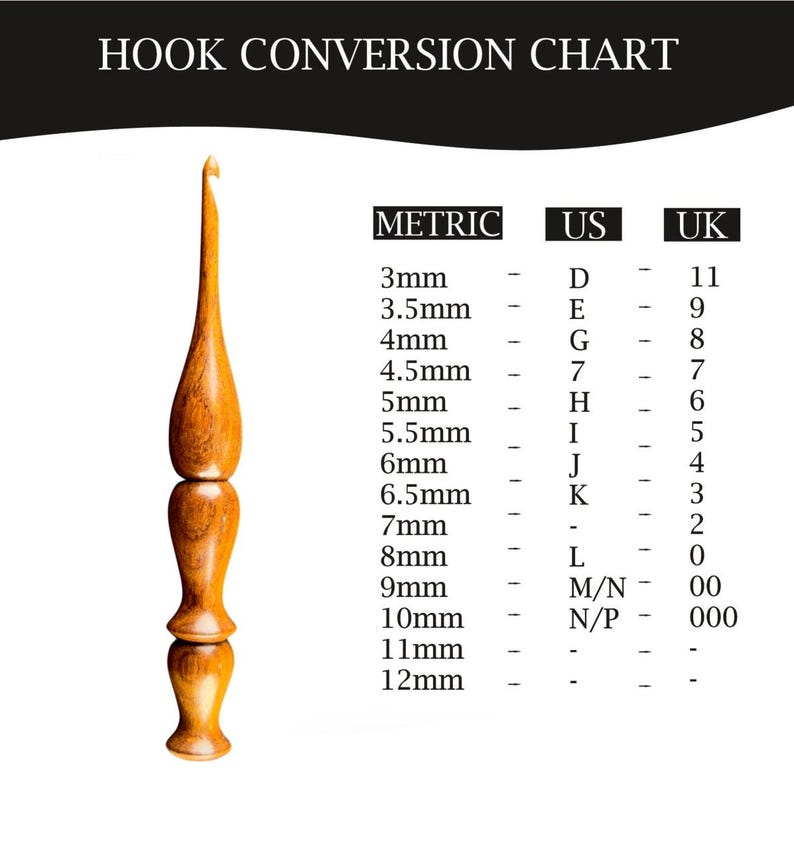 May include: A wooden crochet hook with a rounded handle and a hook at the top. The image includes a hook conversion chart, showing metric, US, and UK hook sizes. The chart lists sizes from 3mm to 12mm.