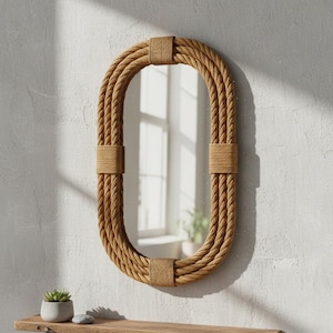 May include: Oval mirror with a natural rope design. The frame is made of tightly wound, thick rope in a light brown color, with sections wrapped in matching twine. The mirror is mounted on a white wall, with a small plant and a stone on a wooden shelf below.