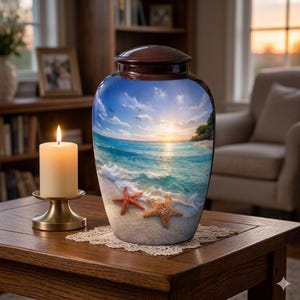 Pode incluir: Urna decorativa com tampa castanha e uma cena oceânica pintada com céu azul, ondas e duas estrelas do mar. Uma vela acesa em um suporte dourado está em uma mesa de madeira.