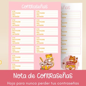 Könnte beinhalten: Ein rosa druckbarer Passwort-Logbuch mit einer niedlichen Cartoon-Illustration eines Bären mit einem Honigglas und eines Fuchses mit einer Tasse heißer Schokolade. Das Logbuch hat Abschnitte für Website, Benutzername, E-Mail und Passwort.