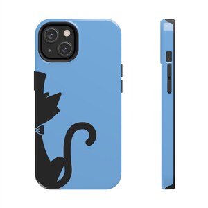 May include: A light blue phone case with a black silhouette of a cat wearing a bow tie. The case has a cutout for the phone's camera lens.