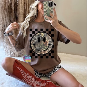 Checkered Camo Happy Face T-Shirt | Comfort Colors Tee | Western Country Graphic Tee | Happy Face Shirt | Cowgirl | Camo Smiley Face Shirt