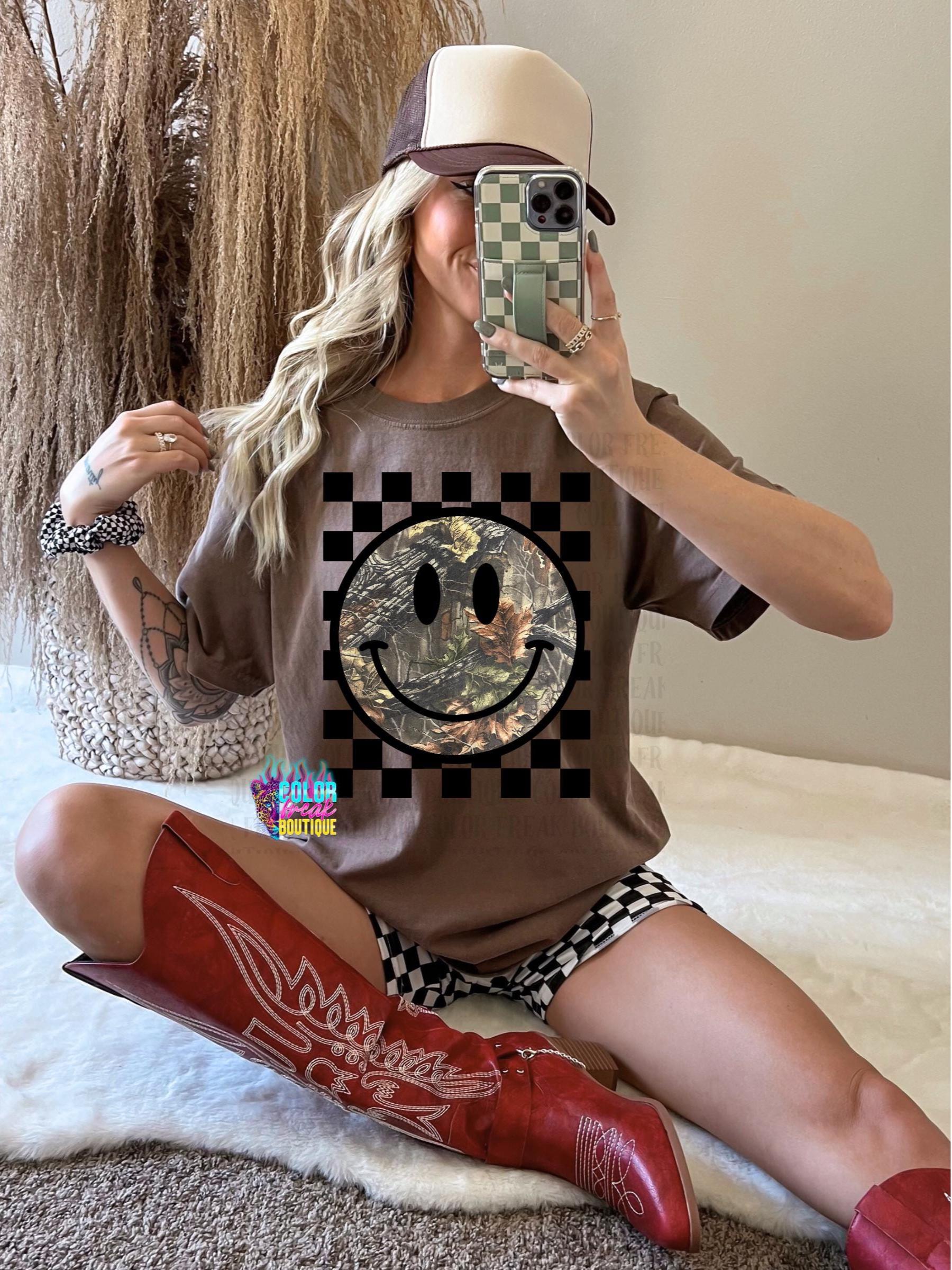 Checkered Camo Happy Face T-Shirt | Comfort Colors Tee | Western Country Graphic Tee | Happy Face Shirt | Cowgirl | Camo Smiley Face Shirt