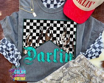 Darlin Y’allternative Tee,  Comfort Colors T-Shirt with Checkered Flames, Turquoise Western Gothic Print, Southern Grunge Shirt, Country fit