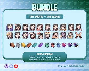 May include: A digital download bundle of Twitch emotes and sub badges featuring a cartoon character with black hair and a red dress. The emotes include various expressions and poses, while the sub badges feature a hand with different colored knuckles. The text "TIFA EMOTES + SUB BADGES" is displayed at the top of the image.