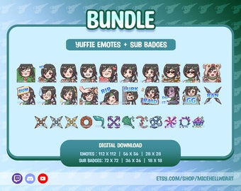 May include: A digital download bundle of 18 Twitch emotes and 8 sub badges featuring a cartoon character with green hair and a green outfit. The emotes and sub badges are in various sizes, including 112x112 pixels, 56x56 pixels, 28x28 pixels, 72x72 pixels, 36x36 pixels, and 18x18 pixels. The text "Yuffie Emotes + Sub Badges" is at the top of the image. The text "DUM", "HI", "RIP", "LURK", "BAN", "FRAID", "DO IT", and "GG" are on the emotes. The text "Digital Download" is at the bottom of the image.
