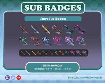 May include: A set of 18 digital sub badges for Twitch featuring various pixel art designs of staves. The badges are available in three sizes: 72 x 72 pixels, 36 x 36 pixels, and 18 x 18 pixels.