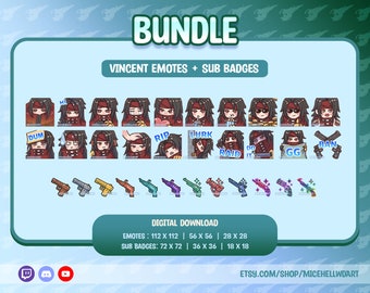 May include: A digital bundle of Twitch emotes and sub badges featuring a character with long black hair and a red hooded cloak. The emotes include expressions like "Hi", "Dum", "Rip", "Lurk", "Raid It", "Do It", "GG", and "Ban". The sub badges are in various sizes and feature a gun design.