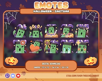 May include: A set of nine Halloween-themed emotes featuring a green cactus character wearing a jester hat. The emotes are in various poses and expressions, including a surprised expression with confetti, a crying expression, and a heart-eyed expression. The emotes are available in three sizes: 112 x 112 pixels, 56 x 56 pixels, and 28 x 28 pixels.