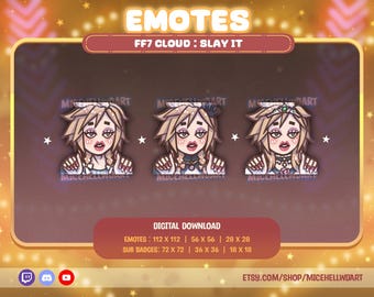 May include: Three digital illustrations of a blonde anime character with blue eyes. The character is wearing a white and blue outfit with a pink flower on the collar. The character is smiling and has a pink blush on their cheeks. The background is a light pink color. The text "EMOTES" is at the top of the image, and the text "FF7 CLOUD: SLAY IT" is below it. The text "DIGITAL DOWNLOAD" is at the bottom of the image, along with the text "EMOTES: 112 X 112 | 56 X 56 | 28 X 28" and "SUB BADGES: 72 X 72 | 36 X 36 | 18 X 18". The text "ETSY.COM/SHOP/MICEHELLWDART" is at the bottom right of the image.