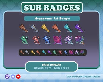 May include: A set of 18 digital sub badges for Twitch featuring megaphones in various colors, including blue, green, red, gold, silver, purple, and black. The badges are available in three sizes: 72 x 72 pixels, 36 x 36 pixels, and 18 x 18 pixels.