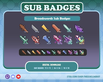May include: A set of 18 digital sub badges featuring various styles of broadswords in different colors. The badges are available in three sizes: 72 x 72 pixels, 36 x 36 pixels, and 18 x 18 pixels.