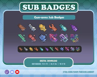 May include: A digital download graphic featuring a collection of "Gun-arms Sub Badges" in various colors and designs. The image includes the text "SUB BADGES" and "DIGITAL DOWNLOAD". The badges are available in 72x72, 36x36, and 18x18 sizes.