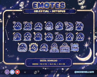 May include: A digital download graphic featuring a collection of blue celestial octopus emotes. Each emote has a unique expression, with stars and crescent moons. The text "EMOTES" and "CELESTIAL - OCTOPUS" are displayed at the top.