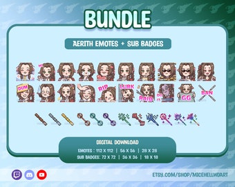 Op de afbeelding: Een digitale downloadbundel met 12 geanimeerde emoticons en 6 abonnementsbadges met een cartoonfiguur met bruin haar en een rode jurk. De emoticons en badges zijn in verschillende formaten beschikbaar, waaronder 112 x 112 pixels, 56 x 56 pixels, 28 x 28 pixels, 72 x 72 pixels, 36 x 36 pixels en 18 x 18 pixels.
