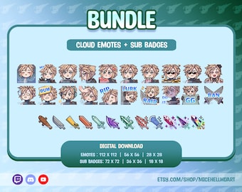 May include: A digital bundle of Twitch emotes and sub badges featuring a cartoon character with blonde hair. The emotes include various expressions and text such as "Hi", "Dum", "Rip", "Lurk", "Raid It", "Do It", "GG", and "Ban". The sub badges are swords in various colors and styles.
