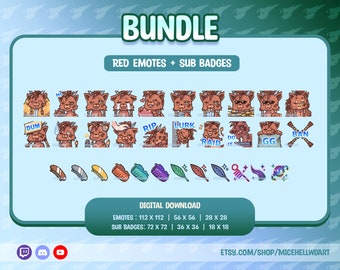 May include: A digital bundle of red fox themed Twitch emotes and sub badges. The emotes include a variety of expressions, such as "Hi", "Dum", "Rip", "Lurk", "Raid", "Do It", and "GG". The sub badges feature a variety of designs, including a feather, a comb, a horn, and a star.