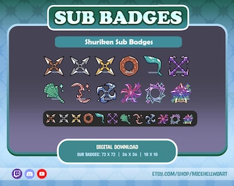 May include: A set of 24 digital sub badges featuring various shuriken designs in different colors. The badges are available in three sizes: 72 x 72 pixels, 36 x 36 pixels, and 18 x 18 pixels.