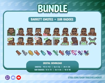 May include: A digital bundle of Twitch emotes and sub badges featuring a cartoon character with brown hair and a brown jacket. The emotes include expressions like "Hi", "Dum", "Rip", "Lurk", "Raid", "Do It", "GG", and "Ban". The sub badges are in various shapes and colors.