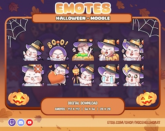 May include: A set of eight Halloween-themed emotes featuring a white cat wearing a witch's hat and various expressions. The emotes are in a grid format with a purple background and a spiderweb design. The text "BOO!" is at the top of the grid. The text "EMOTES: 112 X 112 | 56 X 56 | 28 X 28" is at the bottom of the grid.