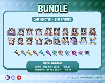 May include: A digital bundle of Twitch emotes and sub badges featuring a cartoon cat wearing a crown. The emotes include expressions like "Hi", "Dum", "Rip", "Lurk", "Raid", "Do It", "GG", and "Ban". The sub badges are in the shape of trumpets and fireworks.