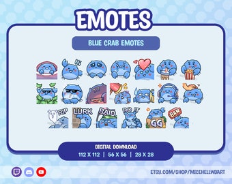 May include: A set of 20 blue crab emotes in various poses and expressions. The emotes are digital downloads and come in three sizes: 112 x 112 pixels, 56 x 56 pixels, and 28 x 28 pixels.