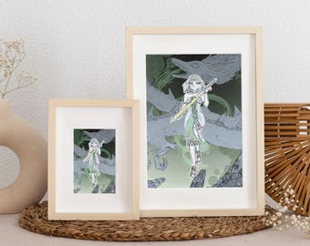 May include: Two framed illustrations of a woman with long hair and a sword, standing in front of a green and blue background with a dragon. The woman is wearing a white dress with a green and blue pattern. The smaller frame is a close-up of the woman and the larger frame shows the entire scene.